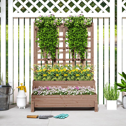 2 Tier Elevated Wooden Garden Bed with Trellis - Brown
