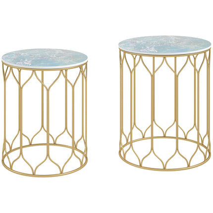 Round Coffee Table Set of 2, Modern Nesting Tables with Ceramic Tile Top, Small