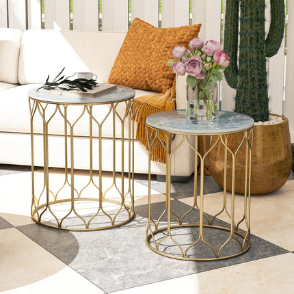 Round Coffee Table Set of 2, Modern Nesting Tables with Ceramic Tile Top, Small