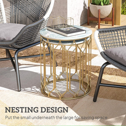 Round Coffee Table Set of 2, Modern Nesting Tables with Ceramic Tile Top, Small