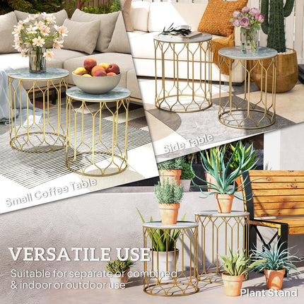 Round Coffee Table Set of 2, Modern Nesting Tables with Ceramic Tile Top, Small