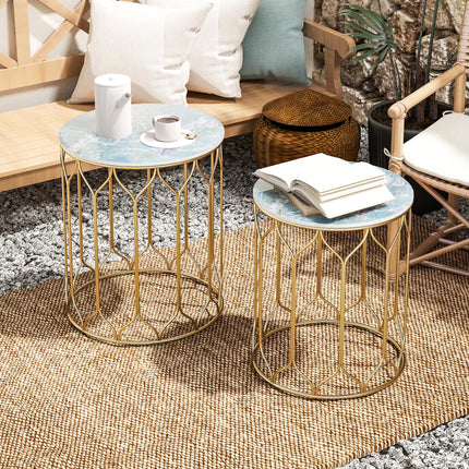 Round Coffee Table Set of 2, Modern Nesting Tables with Ceramic Tile Top, Small