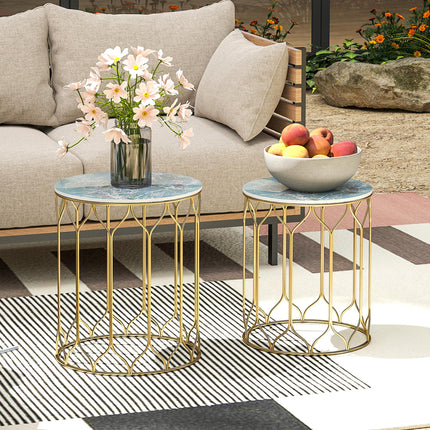 Round Coffee Table Set of 2, Modern Nesting Tables with Ceramic Tile Top, Small