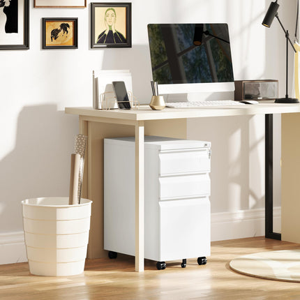 3-Drawer Steel Filing Cabinet with Lock and Wheels - White