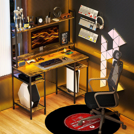 Computer Desk with Power Outlets and LED Lights, Home Office Desk with Monitor S