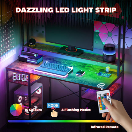 Computer Desk with Power Outlets and LED Lights, Home Office Desk with Monitor S