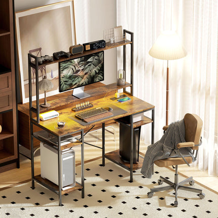 Computer Desk with Power Outlets and LED Lights, Home Office Desk with Monitor S