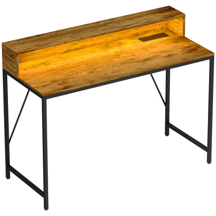 120cm Gaming Computer Desk with LED Lights, Power Outlets & Monitor Stand - Rustic Brown
