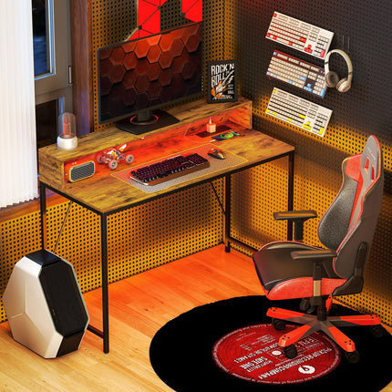 120cm Gaming Computer Desk with LED Lights, Power Outlets & Monitor Stand - Rustic Brown