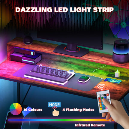 120cm Gaming Computer Desk with LED Lights, Power Outlets & Monitor Stand - Rustic Brown