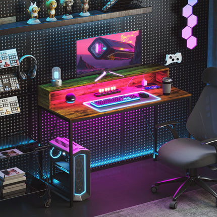 120cm Gaming Computer Desk with LED Lights, Power Outlets & Monitor Stand - Rustic Brown