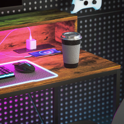 120cm Gaming Computer Desk with LED Lights, Power Outlets & Monitor Stand - Rustic Brown