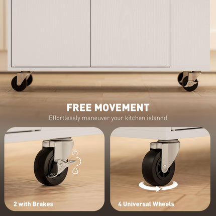 Rolling Kitchen Island with 3-Tier Spice Rack, Kitchen Storage Cart with Drawer and Towel Rack, White