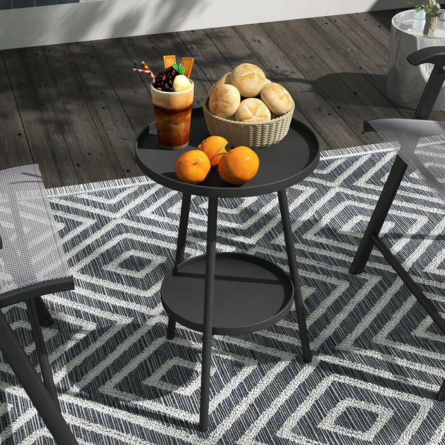 Round 2-Tier Metal Garden Side Table for Patio Deck Balcony - Black
