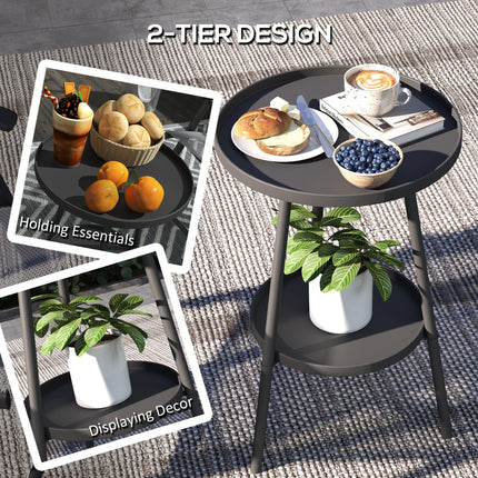 Round 2-Tier Metal Garden Side Table for Patio Deck Balcony - Black