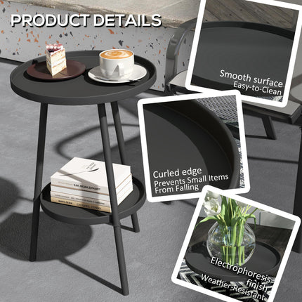 Round 2-Tier Metal Garden Side Table for Patio Deck Balcony - Black