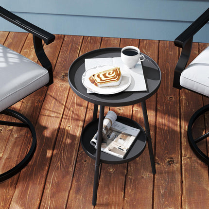 Round 2-Tier Metal Garden Side Table for Patio Deck Balcony - Black