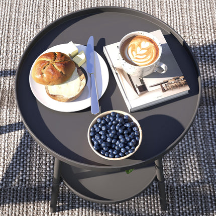 Round 2-Tier Metal Garden Side Table for Patio Deck Balcony - Black
