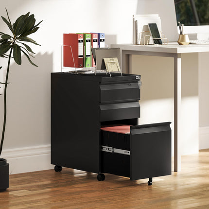 3-Drawer Steel Filing Cabinet with Lock, Wheels & Printer Top - Black