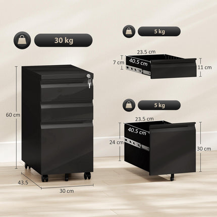3-Drawer Steel Filing Cabinet with Lock, Wheels & Printer Top - Black