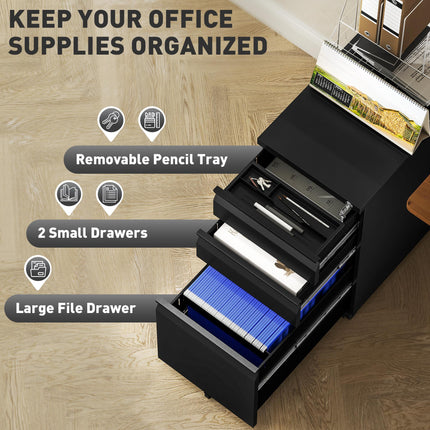 3-Drawer Steel Filing Cabinet with Lock, Wheels & Printer Top - Black