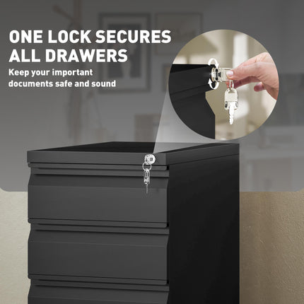 3-Drawer Steel Filing Cabinet with Lock, Wheels & Printer Top - Black