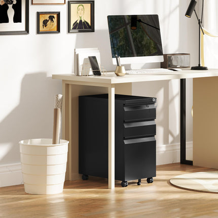 3-Drawer Steel Filing Cabinet with Lock, Wheels & Printer Top - Black