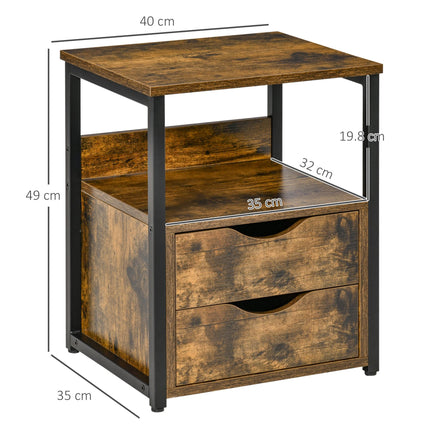 Industrial Side Table Set of 2 with Drawer and Storage Shelf, Slim Nightstand for Living Room & Bedroom - Rustic Brown