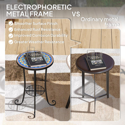 Mosaic Garden Side Table with Ceramic Tile Top, Metal Frame - Blue