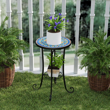 Mosaic Garden Side Table with Ceramic Tile Top, Metal Frame - Blue