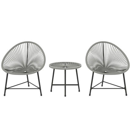 3 Piece Rattan Bistro Set with Acapulco Chairs & Glass Top Table for Outdoor Patio Balcony - Grey