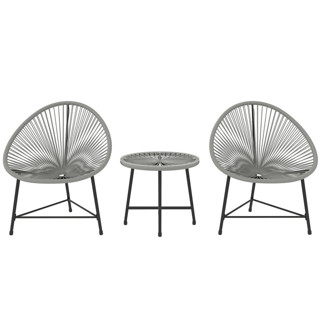 3 Piece Rattan Bistro Set with Acapulco Chairs & Glass Top Table for Outdoor Patio Balcony - Grey