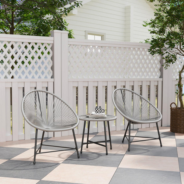 3 Piece Rattan Bistro Set with Acapulco Chairs & Glass Top Table for Outdoor Patio Balcony - Grey