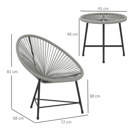 3 Piece Rattan Bistro Set with Acapulco Chairs & Glass Top Table for Outdoor Patio Balcony - Grey