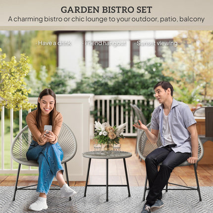 3 Piece Rattan Bistro Set with Acapulco Chairs & Glass Top Table for Outdoor Patio Balcony - Grey