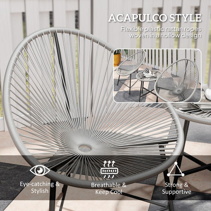 3 Piece Rattan Bistro Set with Acapulco Chairs & Glass Top Table for Outdoor Patio Balcony - Grey