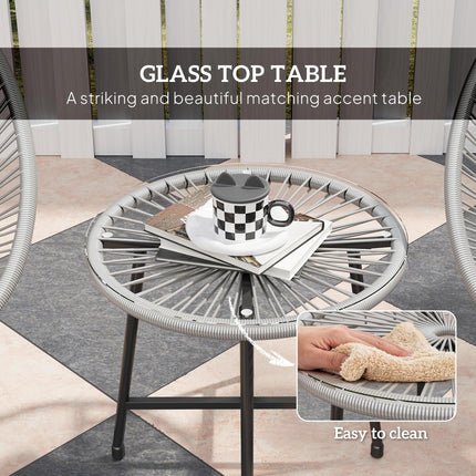 3 Piece Rattan Bistro Set with Acapulco Chairs & Glass Top Table for Outdoor Patio Balcony - Grey