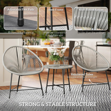 3 Piece Rattan Bistro Set with Acapulco Chairs & Glass Top Table for Outdoor Patio Balcony - Grey