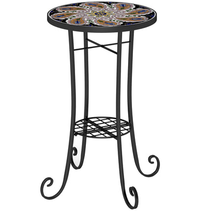 Mosaic Garden Table, 35.5 cm Round Outdoor Table with Shelf, Ceramic Tile Top, S