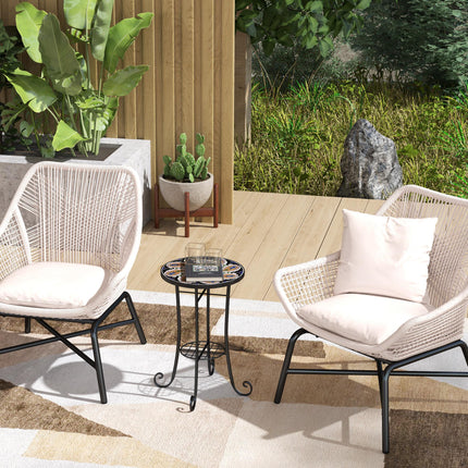 Mosaic Garden Table, 35.5 cm Round Outdoor Table with Shelf, Ceramic Tile Top, S