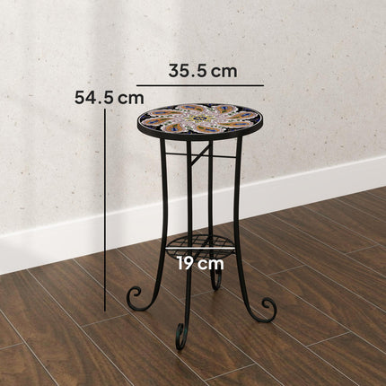 Mosaic Garden Table, 35.5 cm Round Outdoor Table with Shelf, Ceramic Tile Top, S