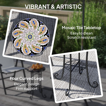Mosaic Garden Table, 35.5 cm Round Outdoor Table with Shelf, Ceramic Tile Top, S