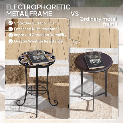 Mosaic Garden Table, 35.5 cm Round Outdoor Table with Shelf, Ceramic Tile Top, S