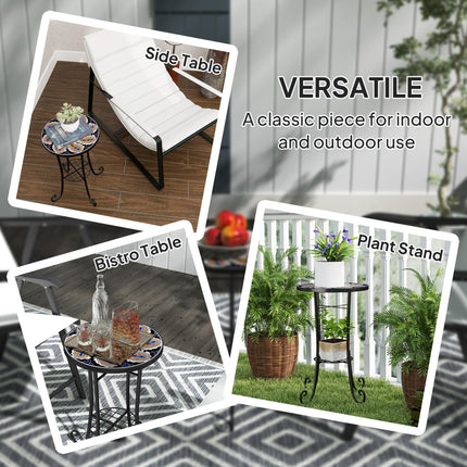 Mosaic Garden Table, 35.5 cm Round Outdoor Table with Shelf, Ceramic Tile Top, S