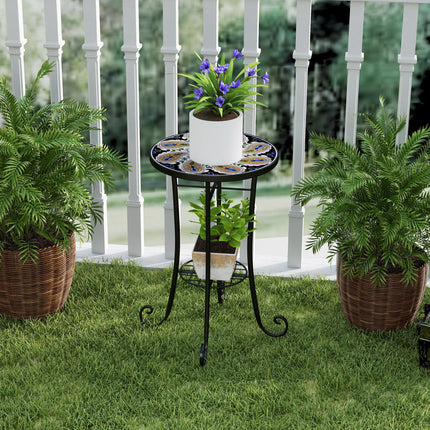 Mosaic Garden Table, 35.5 cm Round Outdoor Table with Shelf, Ceramic Tile Top, S