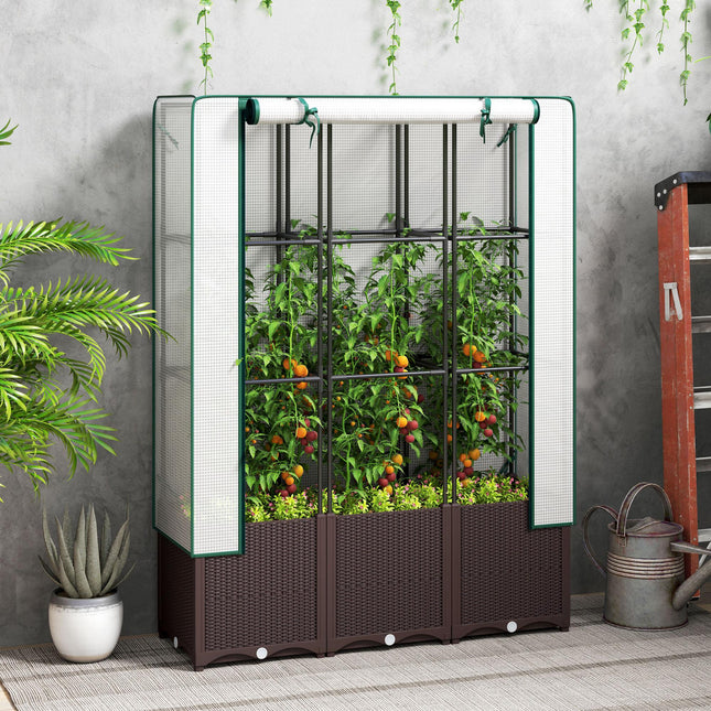 Raised Garden Bed with Trellis and PE Cover 120x40x140 cm - Brown White