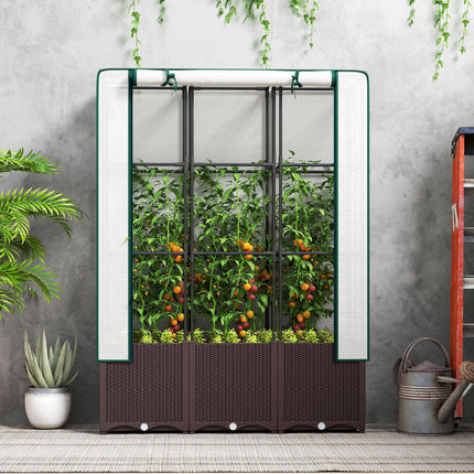 Raised Garden Bed with Trellis and PE Cover 120x40x140 cm - Brown White