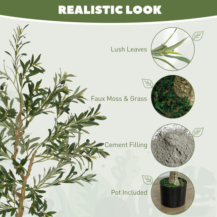 5ft/150cm Artificial Silk Olive Tree with 720 Leaves & 32 Fruits in Pot - Green