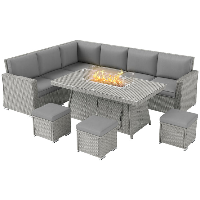 7 Piece Rattan Firepit Sofa Set with Gas Fire Pit Table - Grey