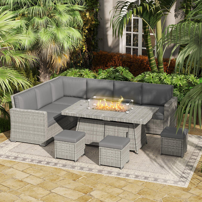 7 Piece Rattan Firepit Sofa Set with Gas Fire Pit Table - Grey
